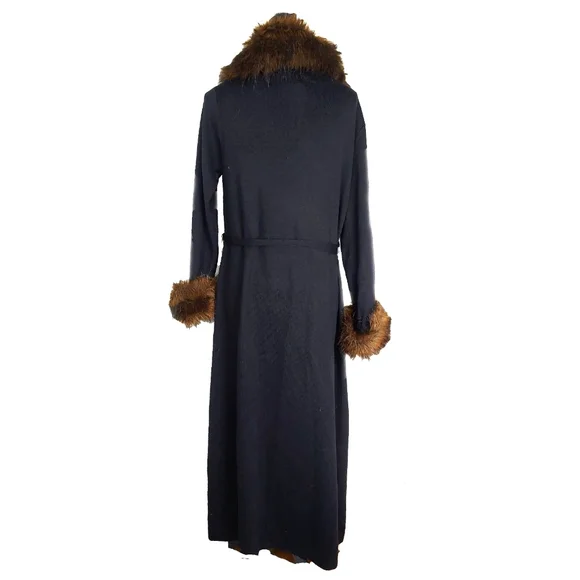 Nancy Bolen Womens Belted Black Wool Mix Faux Fur Collar Cuffs Coat Sz M EUC - Picture 9 of 9